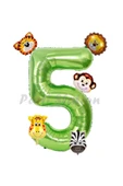 Safari Hayvanlar 6'lı Balon Set 5 Yaş Doğum Günü Balon Set Safari Konsept ve Yeşil Rakam Balon thumbnail 1