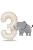 Sevimli Fil Balon 3 Yaş Doğum Günü Balon Set Safari Konsept Fil Balon ve Krem Renk Rakam Balon thumbnail 1