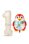 Sevimli Penguen Balon 1 Yaş Doğum Günü Balon Set Penguen Konsept ve Krem Renk Rakam Balon - 1