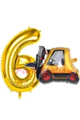 İnşaat Forklift Kamyonu Balon 6 Yaş Doğum Günü Balon Set İş Makinaları Konsept ve Gold Rakam Balon thumbnail 1