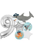 Korsan Tema Köpek Balığı Konsept 9 Yaş Balon Set Köpek Balığı Tema Doğum Günü Folyo Balon Set thumbnail 1