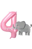 Sevimli Fil Balon 4 Yaş Doğum Günü Balon Set Safari Konsept Fil Balon ve Pembe Renk Rakam Balon - 1
