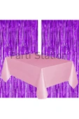 2 Adet Mor Renk Metalize Arka Fon Perdesi ve 1 Adet Plastik Pembe Renk Masa Örtüsü Set thumbnail 2