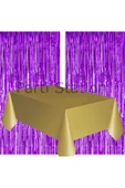 2 Adet Mor Renk Metalize Arka Fon Perdesi ve 1 Adet Plastik Gold Altın Renk Masa Örtüsü Set thumbnail 1