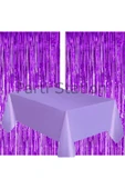 2 Adet Mor Renk Metalize Arka Fon Perdesi ve 1 Adet Plastik Mor Renk Masa Örtüsü Set thumbnail 2
