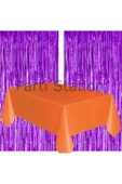 2 Adet Mor Renk Metalize Arka Fon Perdesi ve 1 Adet Plastik Turuncu Renk Masa Örtüsü Set thumbnail 2