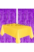 2 Adet Mor Renk Metalize Arka Fon Perdesi ve 1 Adet Plastik Sarı Renk Masa Örtüsü Set thumbnail 1