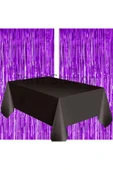 2 Adet Mor Renk Metalize Arka Fon Perdesi ve 1 Adet Plastik Siyah Renk Masa Örtüsü Set thumbnail 3