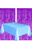 2 Adet Mor Renk Metalize Arka Fon Perdesi ve 1 Adet Plastik Mavi Renk Masa Örtüsü Set thumbnail 3