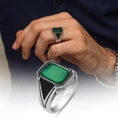 Yeşil Taşlı Kare Tasarım 925 Gümüş Yüzük thumbnail 1