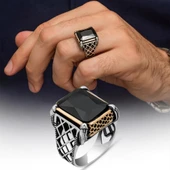 Siyah Taşlı Kare 925 Gümüş Erkek Yüzük thumbnail 1