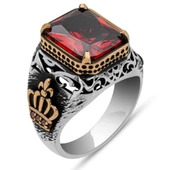 Kırmızı Taşlı Kral Tacı Motifli 925 Gümüş Erkek Yüzük thumbnail 2