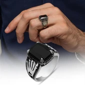 Kare Siyah Taşlı 925 Gümüş Erkek Yüzük thumbnail 1