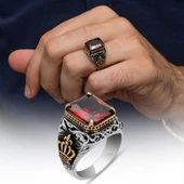 Kırmızı Taşlı Kral Tacı Motifli 925 Gümüş Erkek Yüzük thumbnail 1