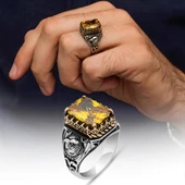 Sarı Taşlı Şahin Başı Motifli 925 Gümüş Erkek Yüzük thumbnail 1