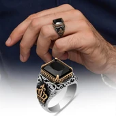 Siyah Taşlı Kral Tacı Motifli 925 Gümüş Yüzük thumbnail 1