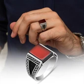 Kare Akik Taşlı Grek Motif 925 Gümüş Erkek Yüzük thumbnail 1
