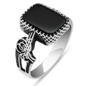 Siyah Oniks Taşlı Tuğra Motifli 925 Gümüş Erkek Yüzük thumbnail 2