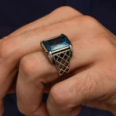 Aqua Mavi Taşlı 925 Gümüş Erkek Yüzük thumbnail 3