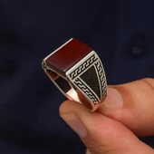 Kare Akik Taşlı Grek Motif 925 Gümüş Erkek Yüzük thumbnail 4