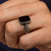 Siyah Oniks Taşlı Tuğra Motifli 925 Gümüş Erkek Yüzük thumbnail 3