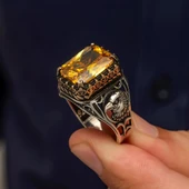 Sarı Taşlı Şahin Başı Motifli 925 Gümüş Erkek Yüzük thumbnail 5