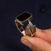 Siyah Oniks Taşlı Tuğra Motifli 925 Gümüş Erkek Yüzük thumbnail 4