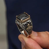 Siyah Taşlı Kral Tacı Motifli 925 Gümüş Yüzük thumbnail 6