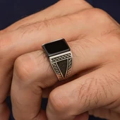 Kare Siyah Taşlı Grek Motif 925 Gümüş Erkek Yüzük thumbnail 4