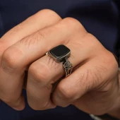 Siyah Oniks Taşlı Tuğra Motifli 925 Gümüş Erkek Yüzük thumbnail 5