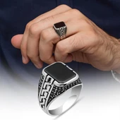 Siyah Oniks Taşlı Grek Motifli 925 Gümüş Erkek Yüzük thumbnail 1