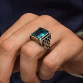 Aqua Mavi Taşlı 925 Gümüş Erkek Yüzük thumbnail 5