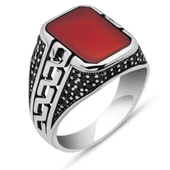 Akik Taşlı Grek Motifli 925 Gümüş Erkek Yüzük thumbnail 2