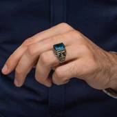 Aqua Mavi Taşlı Kral Tacı Motifli 925 Gümüş Yüzük thumbnail 4