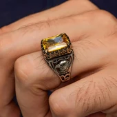 Sarı Taşlı Şahin Başı Motifli 925 Gümüş Erkek Yüzük thumbnail 3