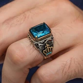 Aqua Mavi Taşlı Kral Tacı Motifli 925 Gümüş Yüzük thumbnail 3