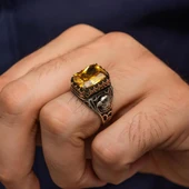 Sarı Taşlı Şahin Başı Motifli 925 Gümüş Erkek Yüzük thumbnail 4