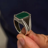 Yeşil Taşlı Kare Tasarım 925 Gümüş Yüzük thumbnail 5