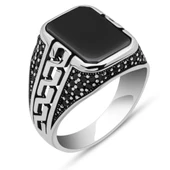 Siyah Oniks Taşlı Grek Motifli 925 Gümüş Erkek Yüzük thumbnail 2