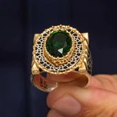 Oval Yeşil Taşlı 925 Gümüş Erkek Yüzük - 5