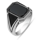 Siyah Oniks Taşlı Kare Tasarım 925 Gümüş Yüzük thumbnail 2