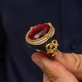 Oval Kırmızı Taşlı 925 Gümüş Erkek Yüzük thumbnail 5