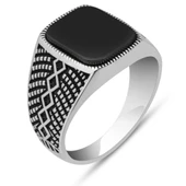 Siyah Oniks Taşlı Kare Tasarım 925 Gümüş Yüzük thumbnail 2