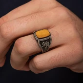 Kaplan Gözü Taşlı Harfli 925 Gümüş Yüzük thumbnail 5