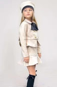 Kız Çocuk Asimetrik Kesim ve Düğme Detaylı Ceket Eteği Fırfır Detaylı Krem Kaşe Etekli Takım - 10