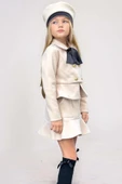 Kız Çocuk Asimetrik Kesim ve Düğme Detaylı Ceket Eteği Fırfır Detaylı Krem Kaşe Etekli Takım - 3