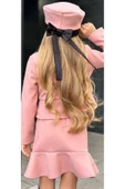 Kız Çocuk Asimetrik Kesim ve Düğme Detaylı Ceket Eteği Fırfır Detaylı Pudra Kaşe Etekli Takım - 12