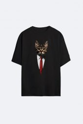 Diadof AYYA Unisex Oversize Siyah Kravatli Kedi T-Shirt - 1