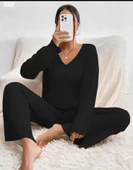 ESM Noche - Fitilli Kaşkorse  Kadın Pijama Takımı - Alt Üst Pijama Takımı Siyah - 1