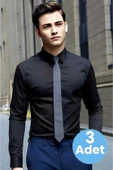 3'lü  Slim Fit Kravatlık Uzun Kol Kolay Ütü Nefes Alan Dört Mevsim Slim Fit Erkek Gömlek - 1